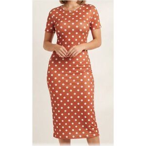 Brown & White Polka Dot Dress Knee Length Short Sleeve Women's Size L